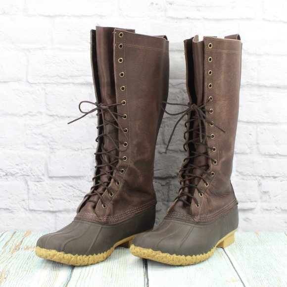 LL Bean Brown Leather Lace Up Tall Hunting Duck Boots Size 11 Medium - Picture 2 of 9